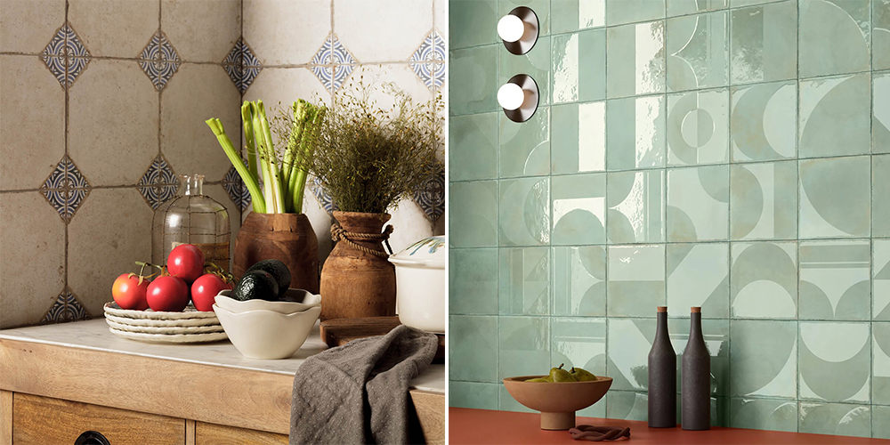 (Left) Porto vintage blue patterned wall tiles, (Right) Casa sage decor glazed porcelain wall tiles
